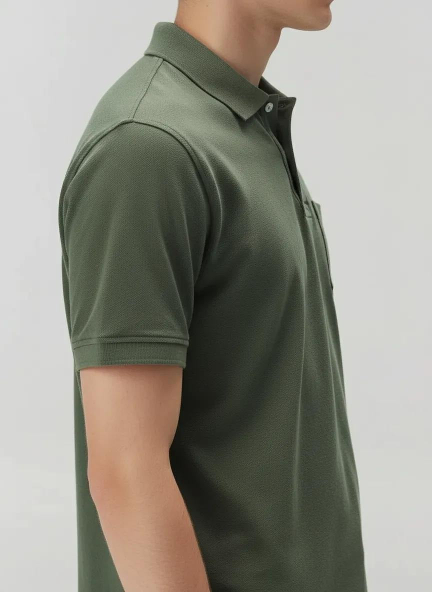 Men Olive Polo Collar Pockets T-shirt