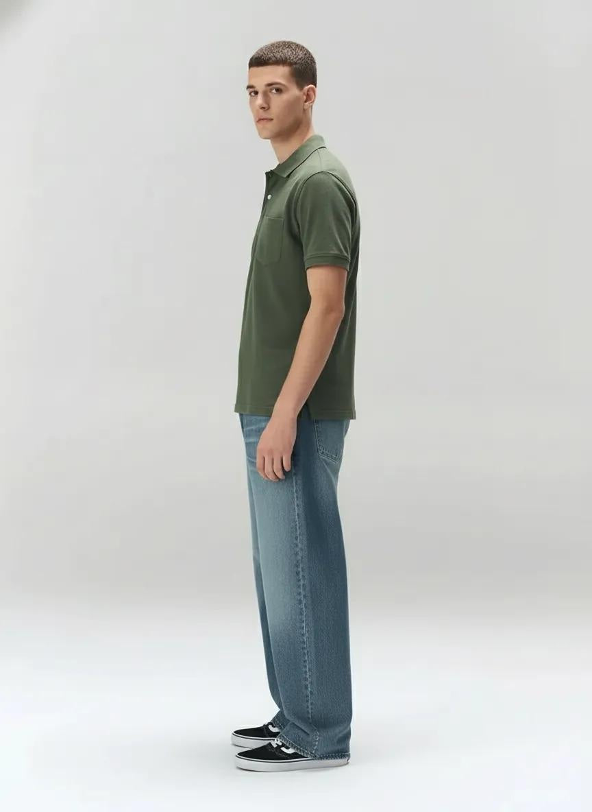 Men Olive Polo Collar Pockets T-shirt