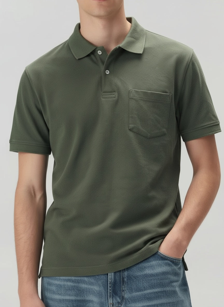 Men Olive Polo Collar Pockets T-shirt