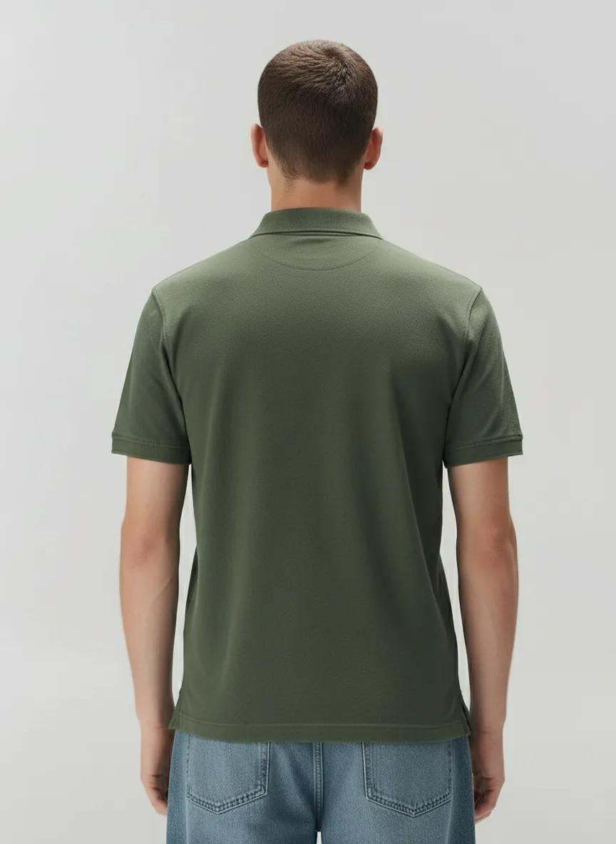 Men Olive Polo Collar Pockets T-shirt