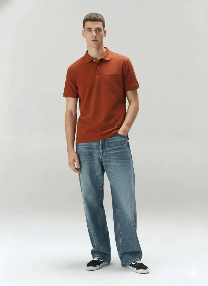 Men Rust Polo Collar Pockets T-shirt