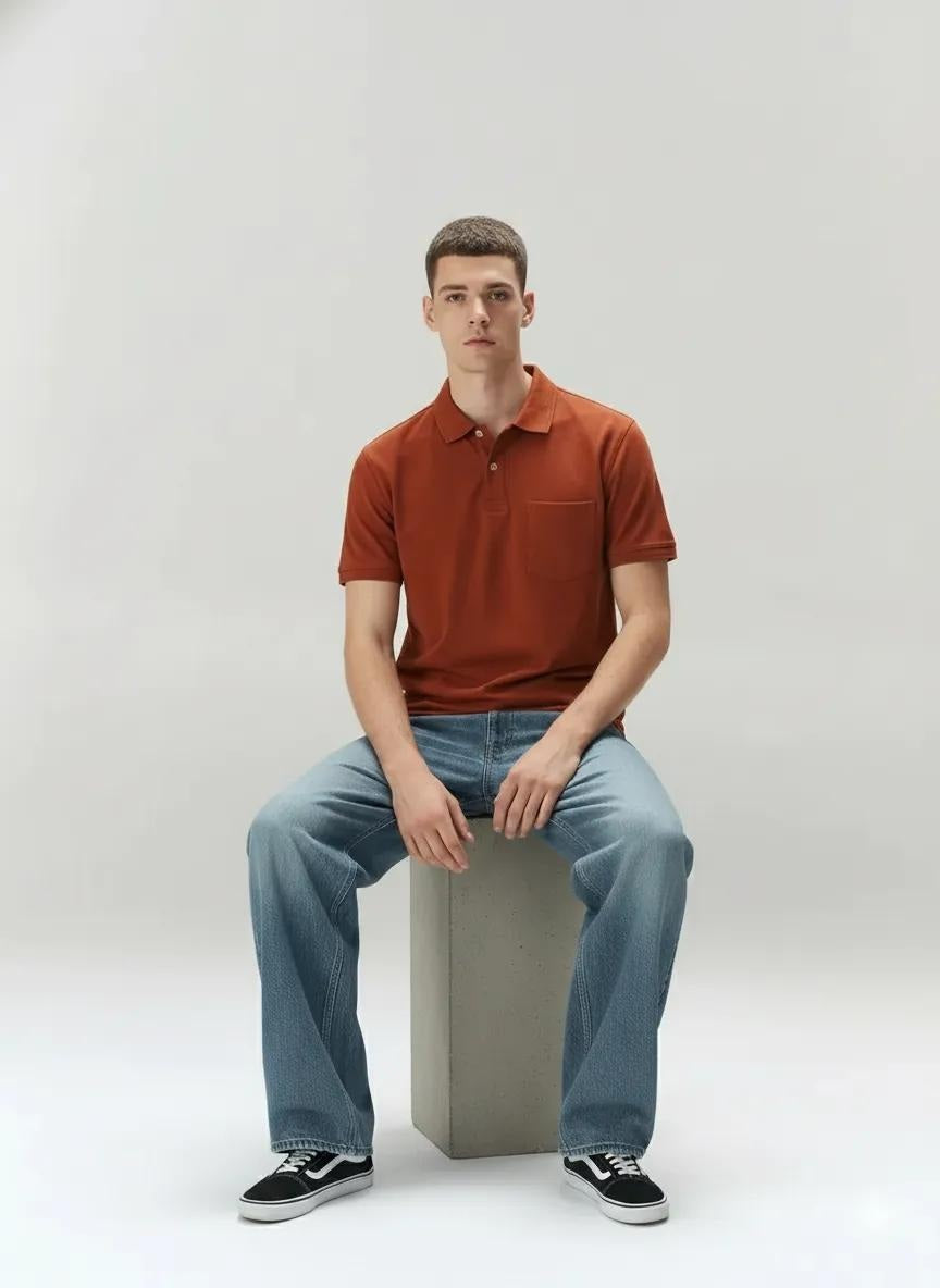 Men Rust Polo Collar Pockets T-shirt