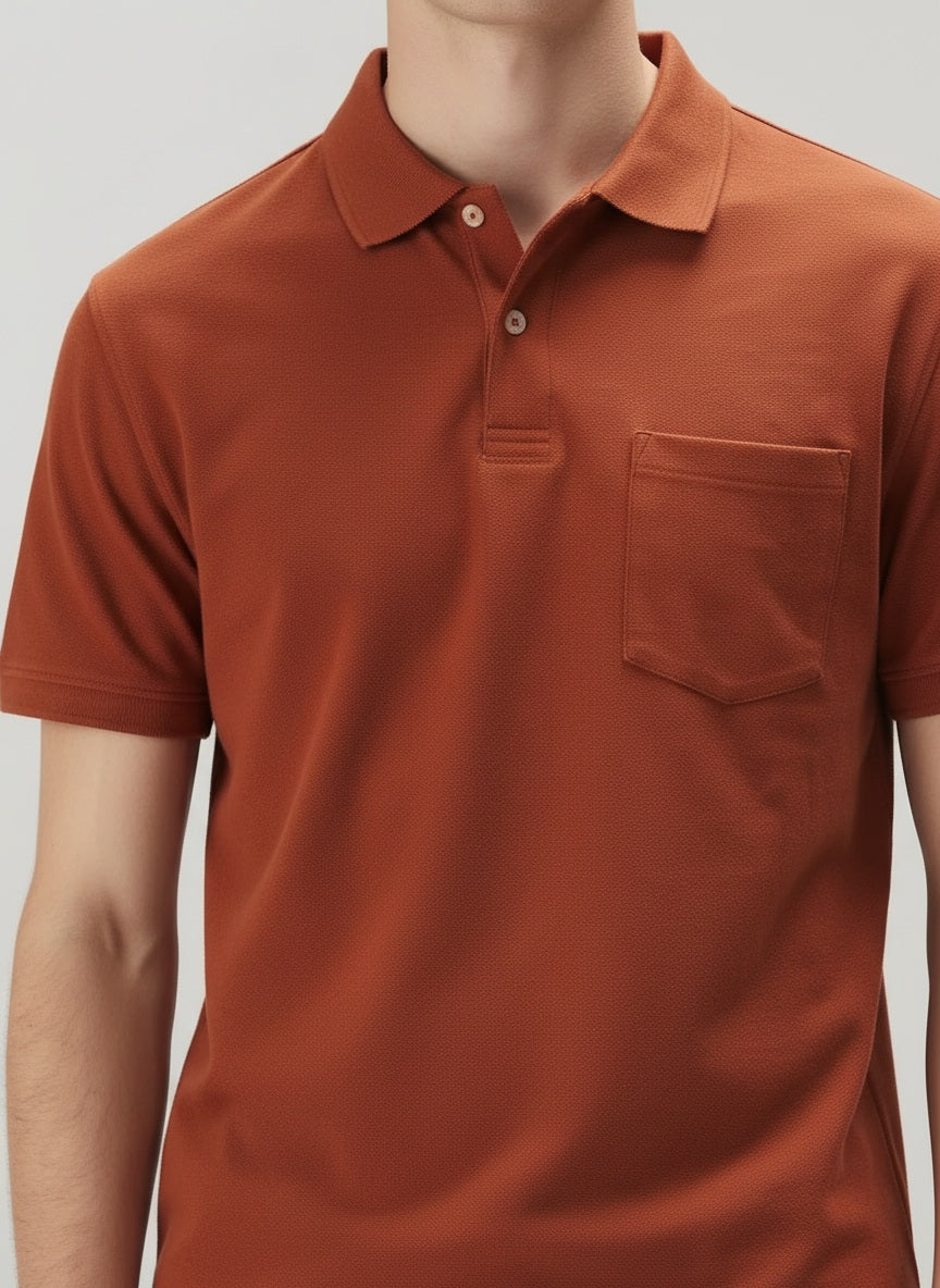 Men Rust Polo Collar Pockets T-shirt