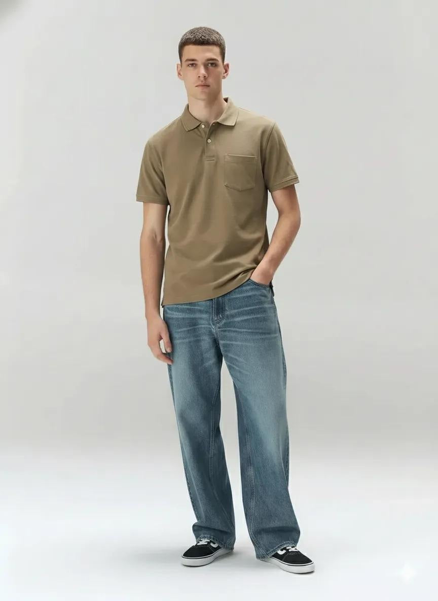 Men Safari Polo Collar Pockets T-shirt