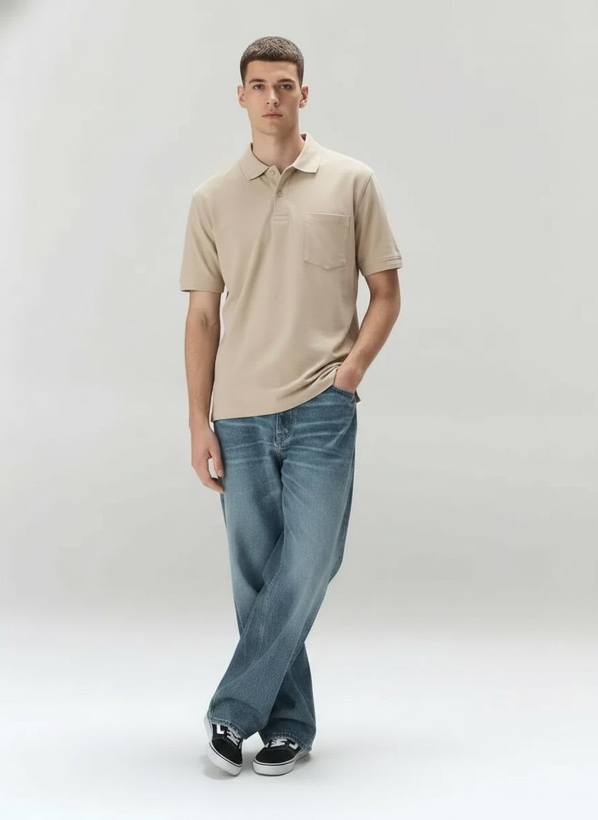 Men Stone Polo Collar Pockets T-shirt