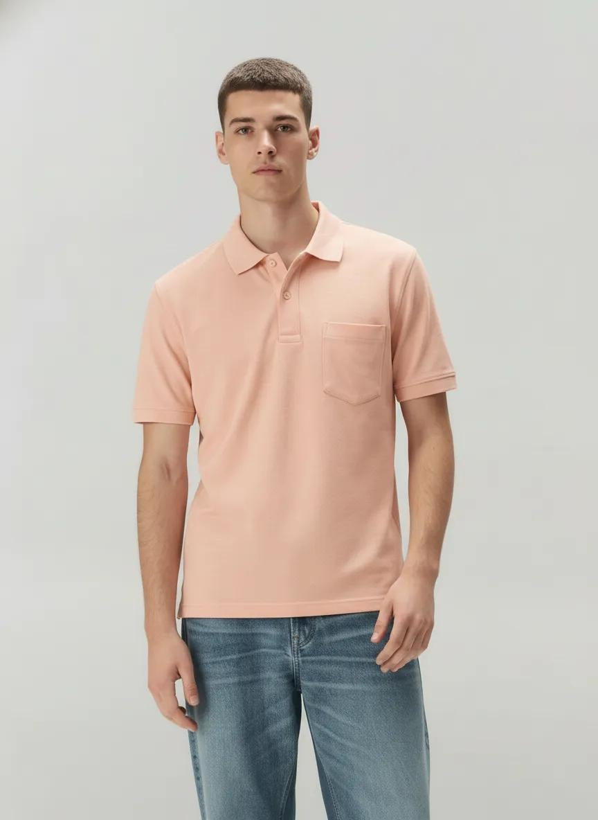 Men Suede Pink Polo Collar Pockets T-shirt