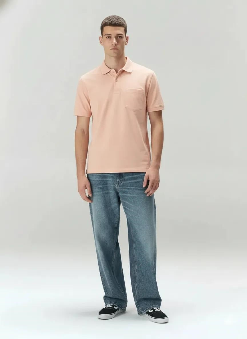 Men Suede Pink Polo Collar Pockets T-shirt