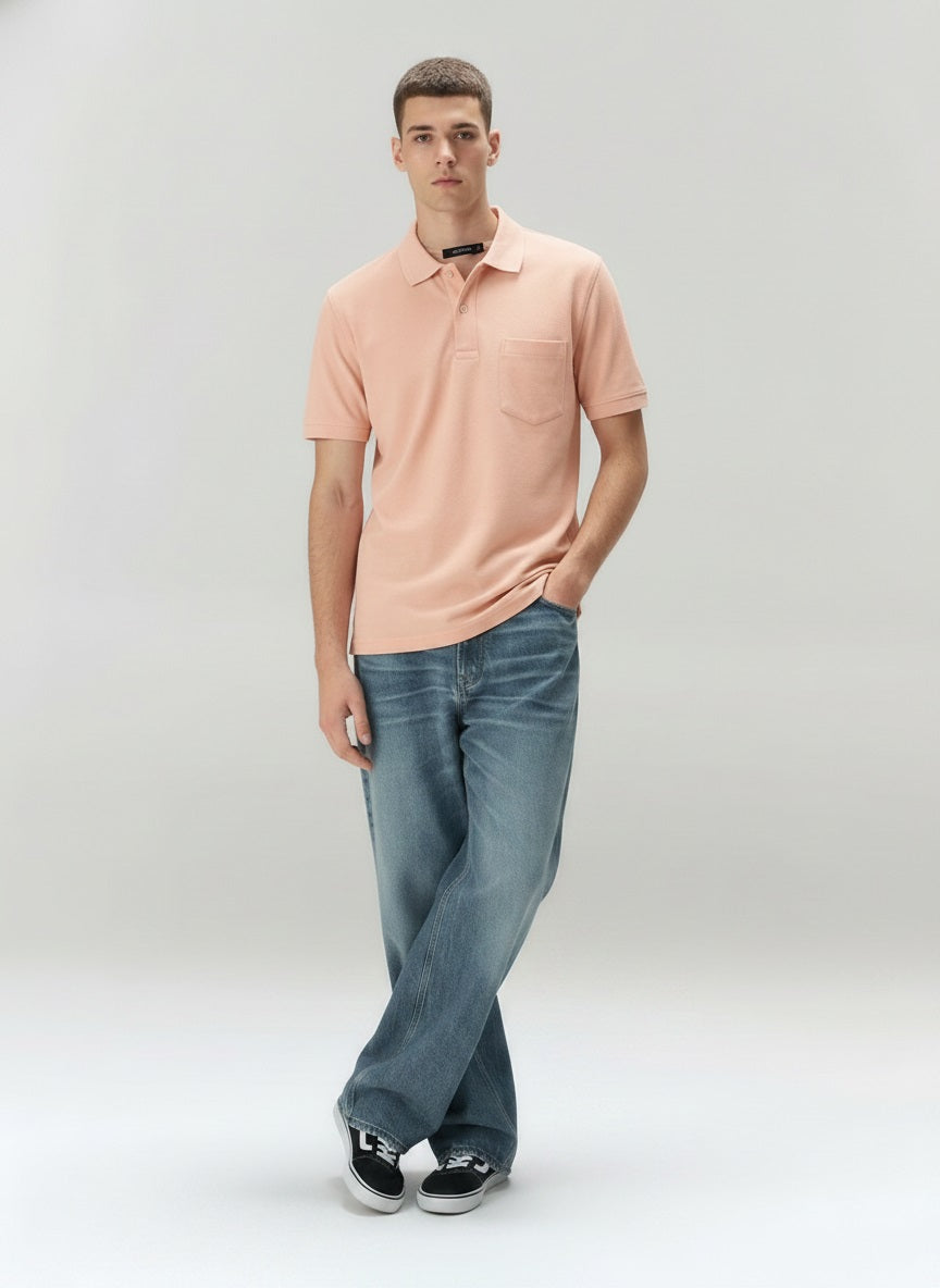 Men Suede Pink Polo Collar Pockets T-shirt