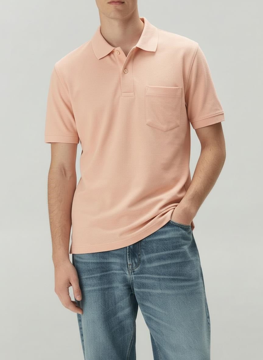 Men Suede Pink Polo Collar Pockets T-shirt