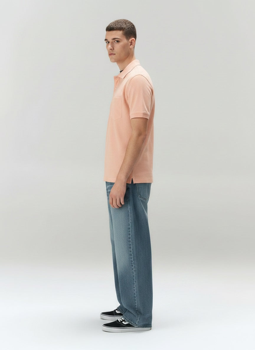Men Suede Pink Polo Collar Pockets T-shirt