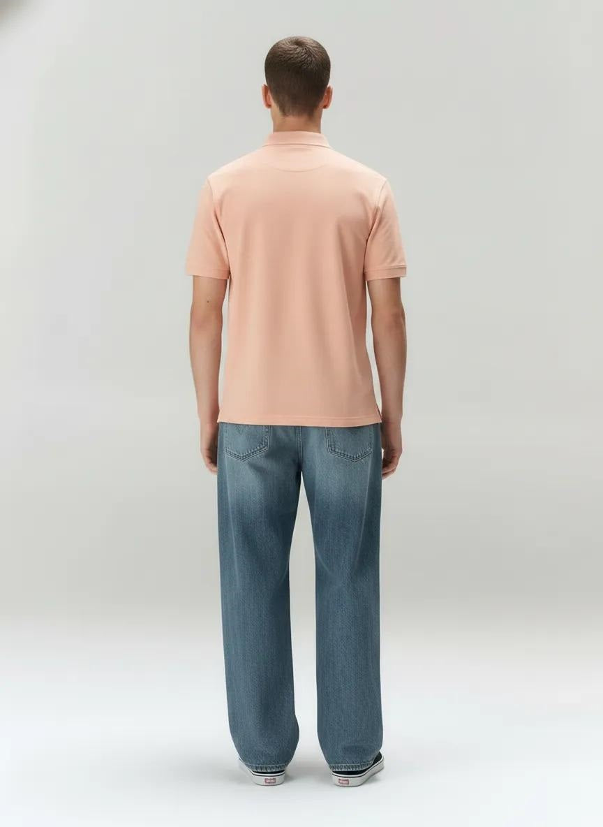 Men Suede Pink Polo Collar Pockets T-shirt