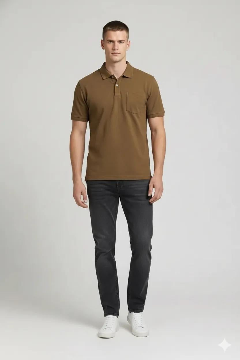 Men Tan Polo Collar Pockets T-shirt