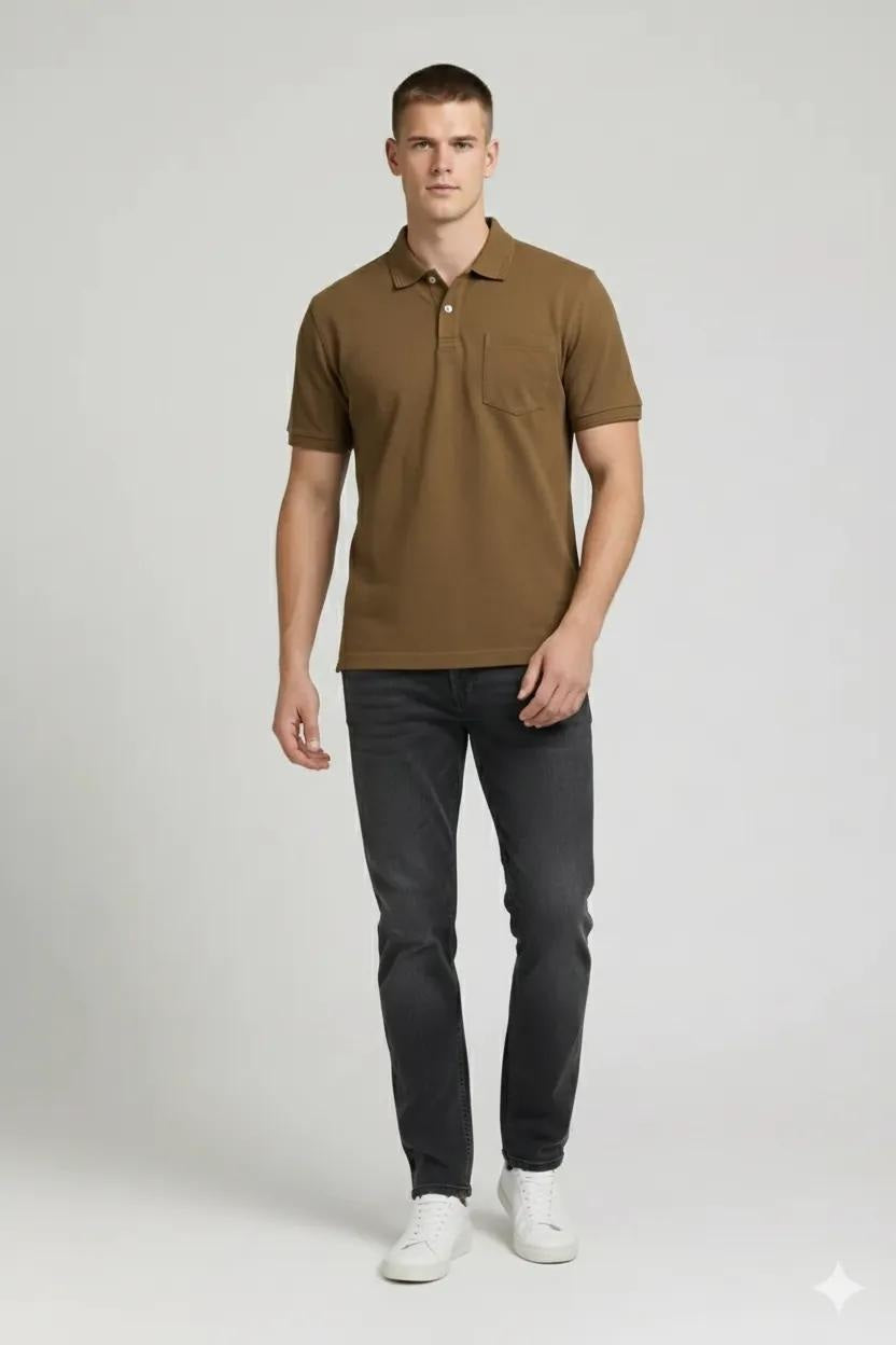 Men Tan Polo Collar Pockets T-shirt