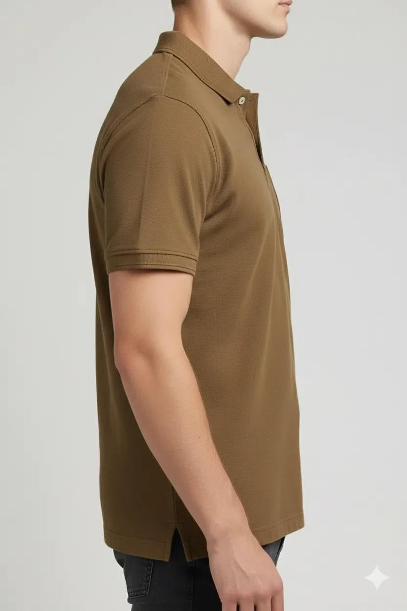 Men Tan Polo Collar Pockets T-shirt