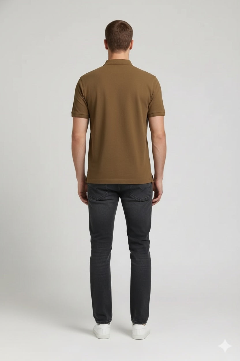 Men Tan Polo Collar Pockets T-shirt