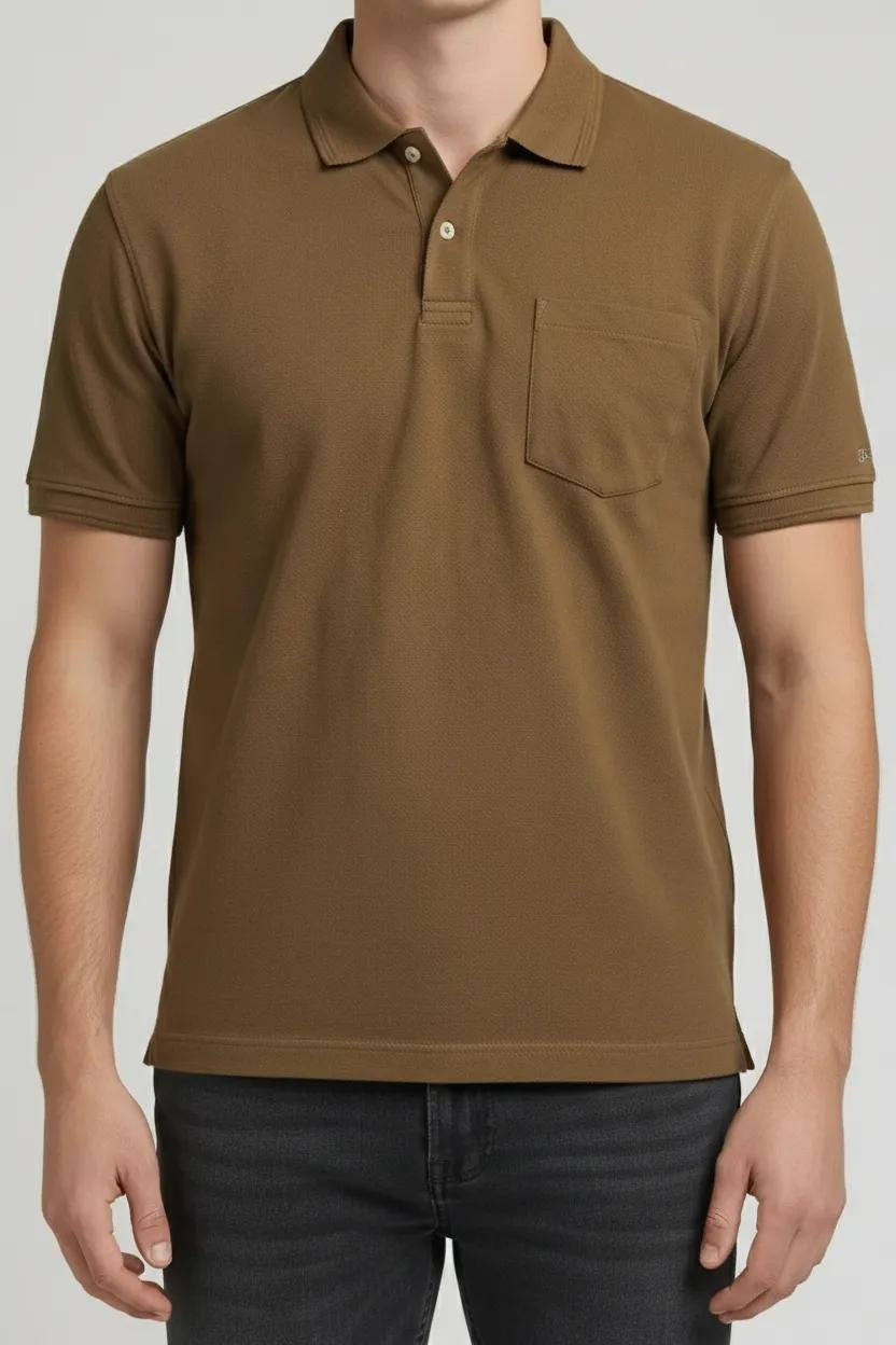 Men Tan Polo Collar Pockets T-shirt