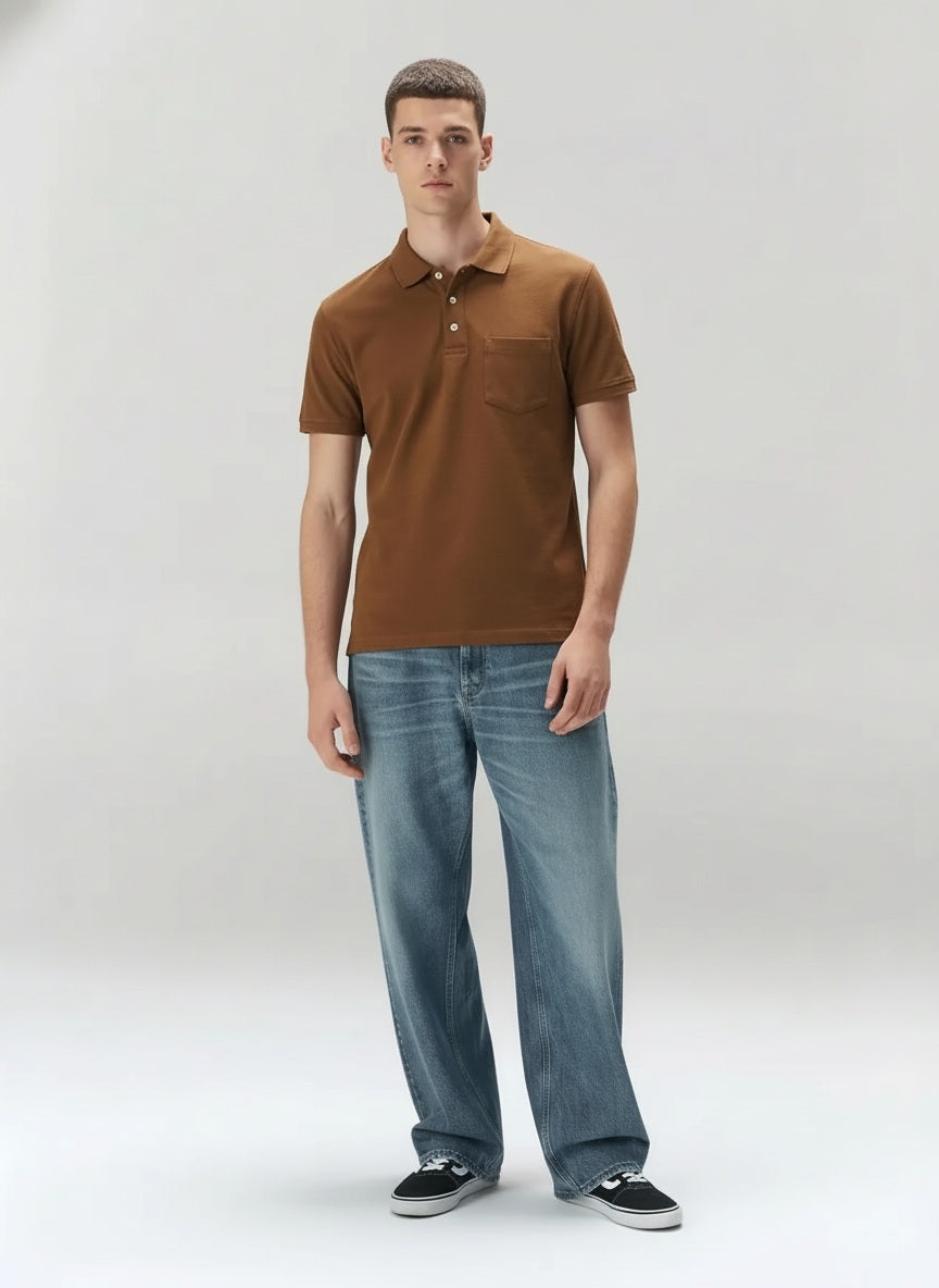 Men Wheat Polo Collar Pockets T-shirt