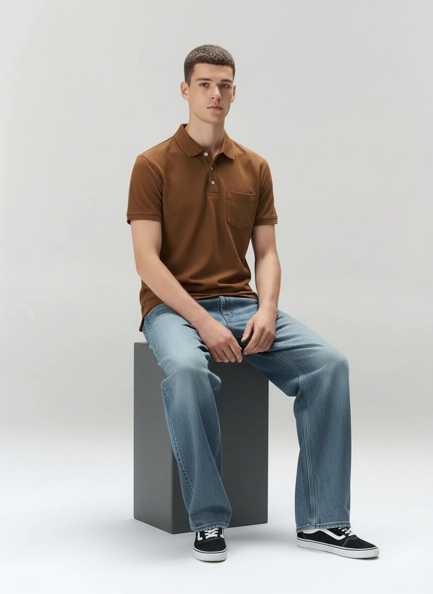 Men Wheat Polo Collar Pockets T-shirt