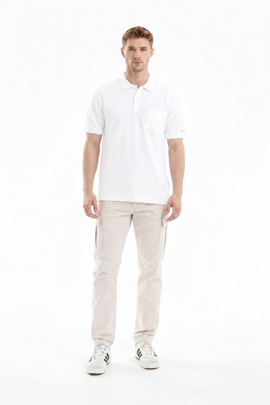 Men White Polo Collar Pockets T-shirt