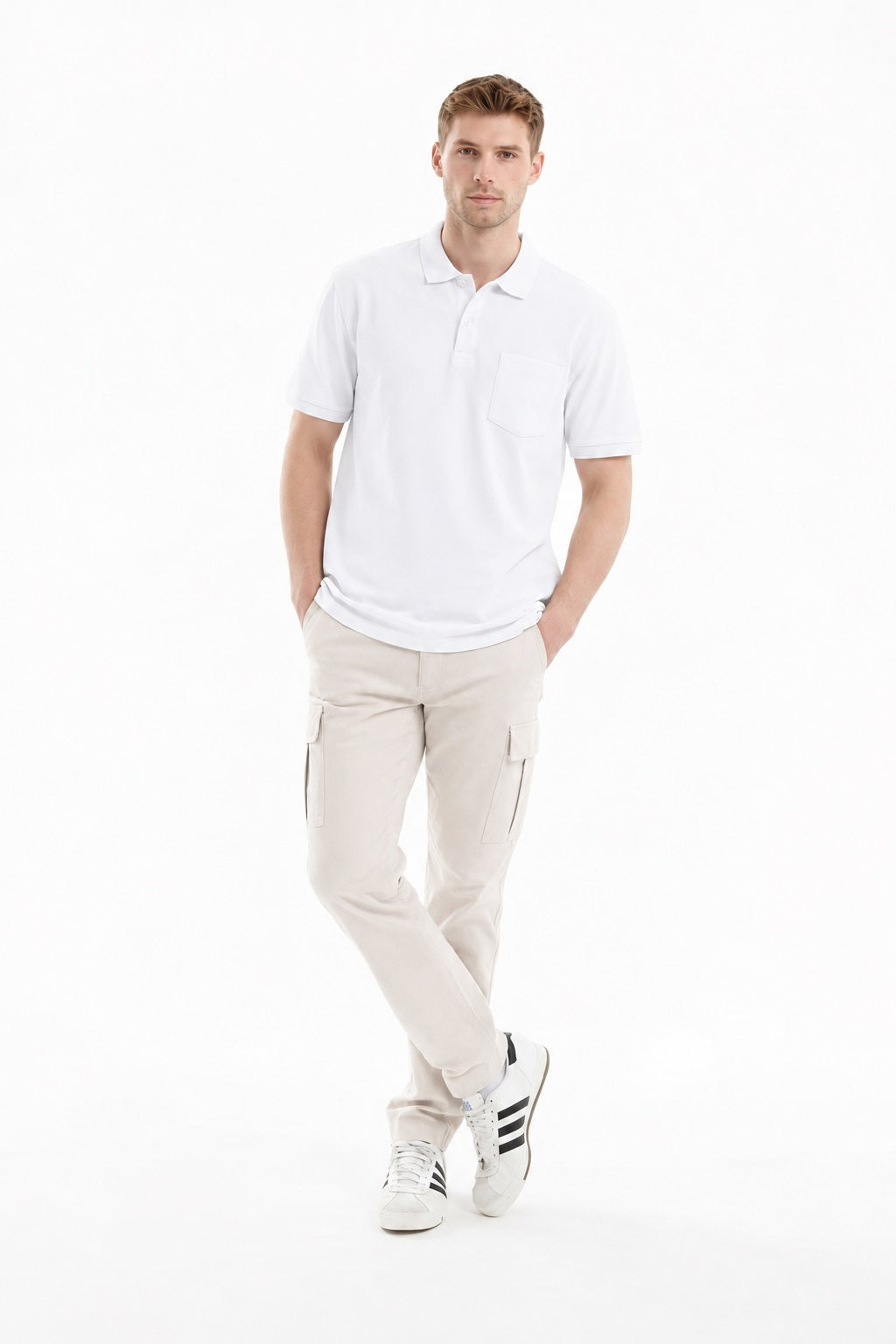 Men White Polo Collar Pockets T-shirt