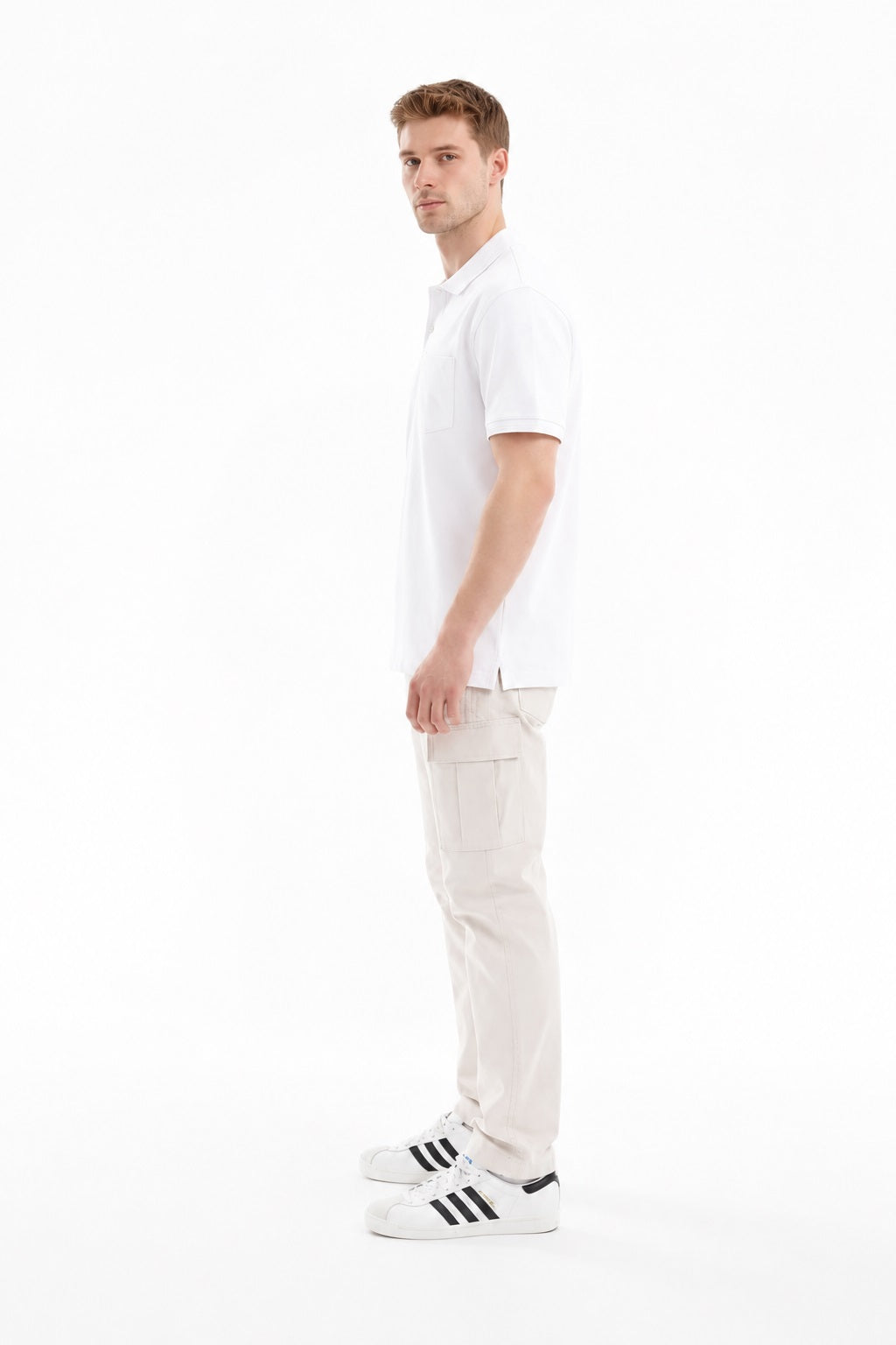 Men White Polo Collar Pockets T-shirt