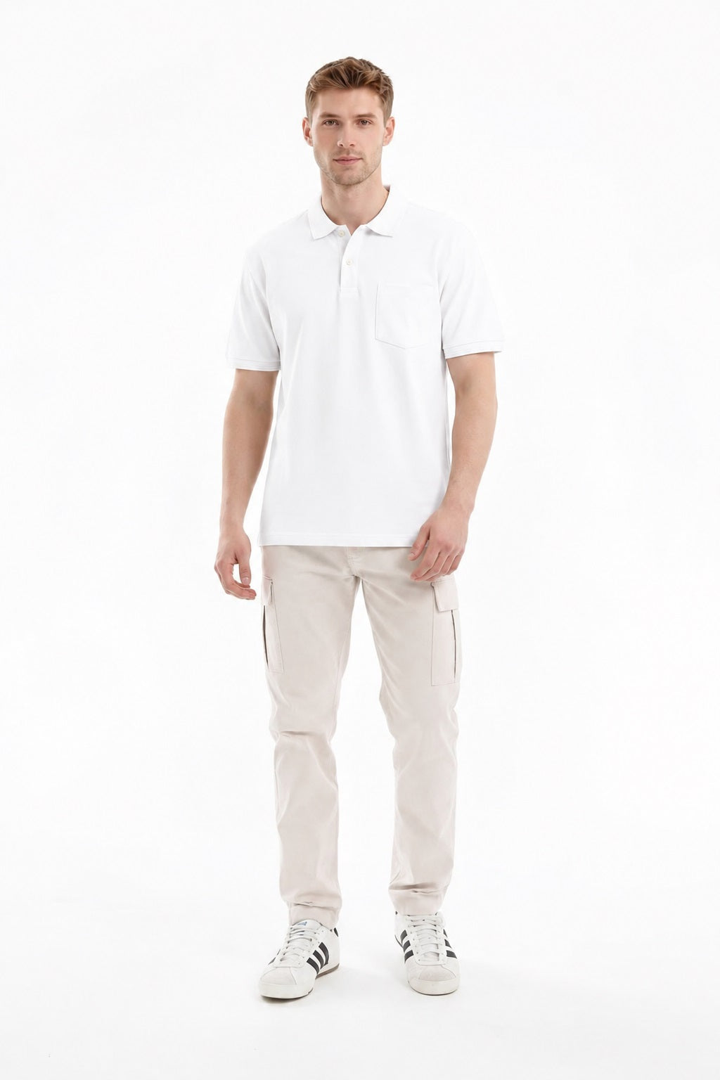 Men White Polo Collar Pockets T-shirt