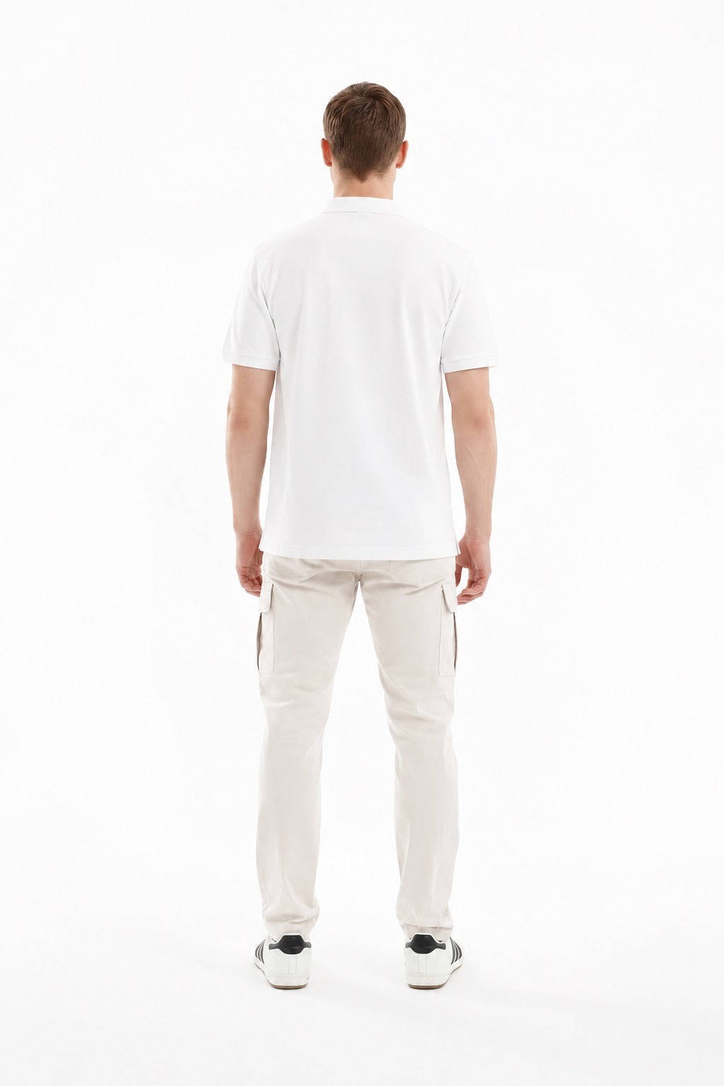 Men White Polo Collar Pockets T-shirt