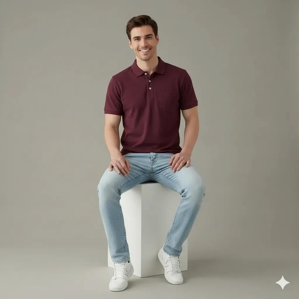 Men Wine Polo Collar Pockets T-shirt