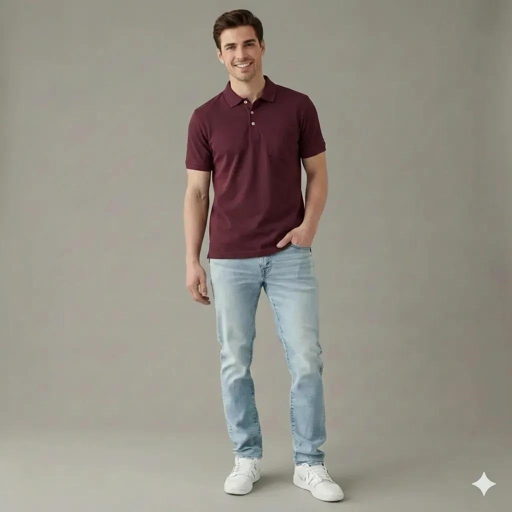 Men Wine Polo Collar Pockets T-shirt