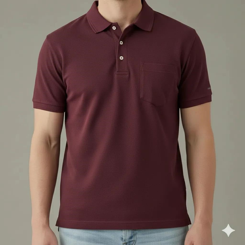 Men Wine Polo Collar Pockets T-shirt
