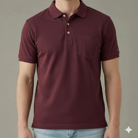 Men Wine Polo Collar Pockets T-shirt