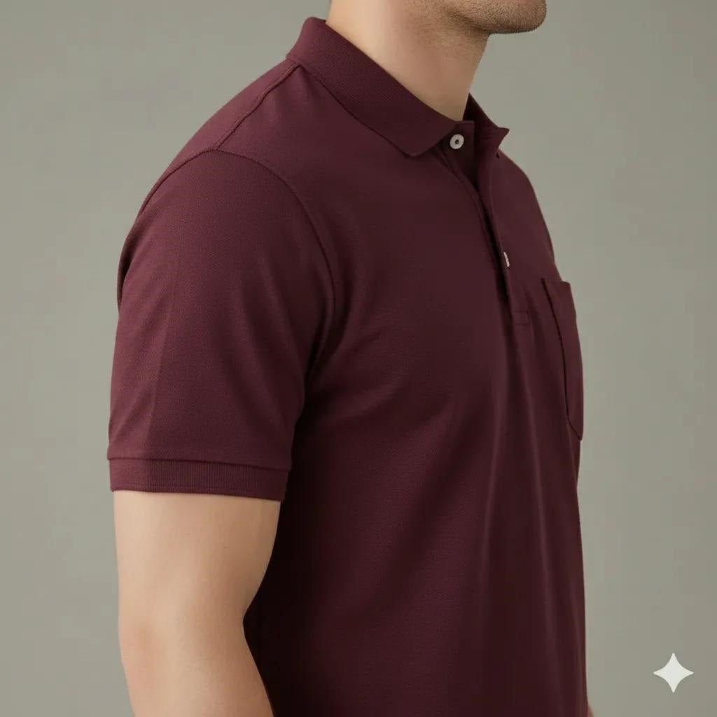 Men Wine Polo Collar Pockets T-shirt