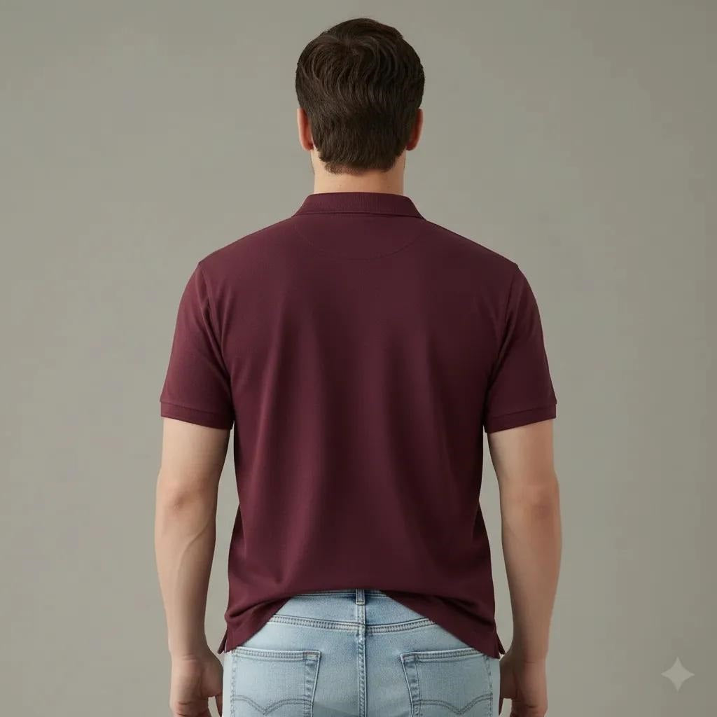 Men Wine Polo Collar Pockets T-shirt