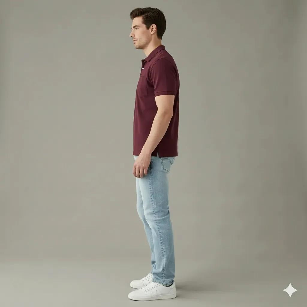 Men Wine Polo Collar Pockets T-shirt