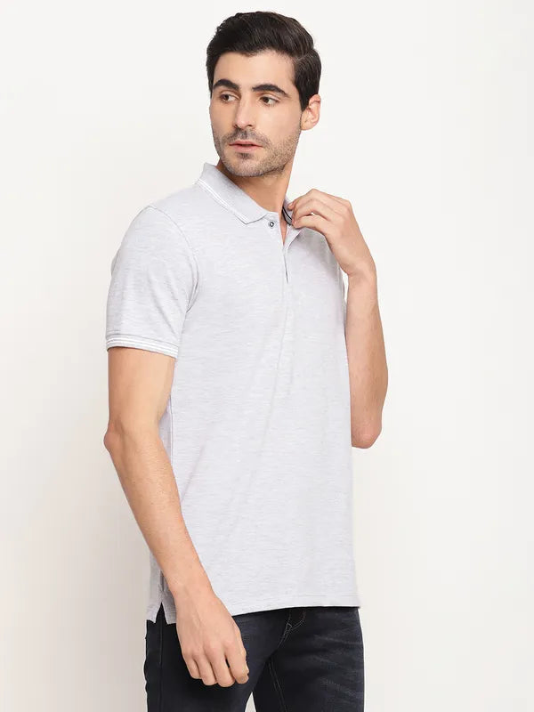 Octave Men Grey Melange Cottonâ Polo Collar T-Shirt