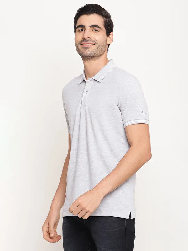 Octave Men Grey Melange Cottonâ Polo Collar T-Shirt