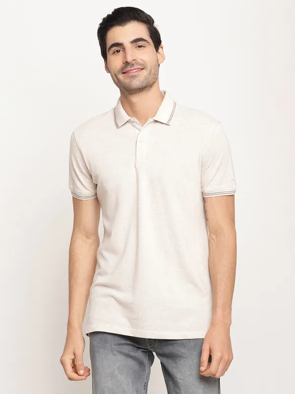 Octave Men Off White  Grey Solid Polo Collar T-Shirt