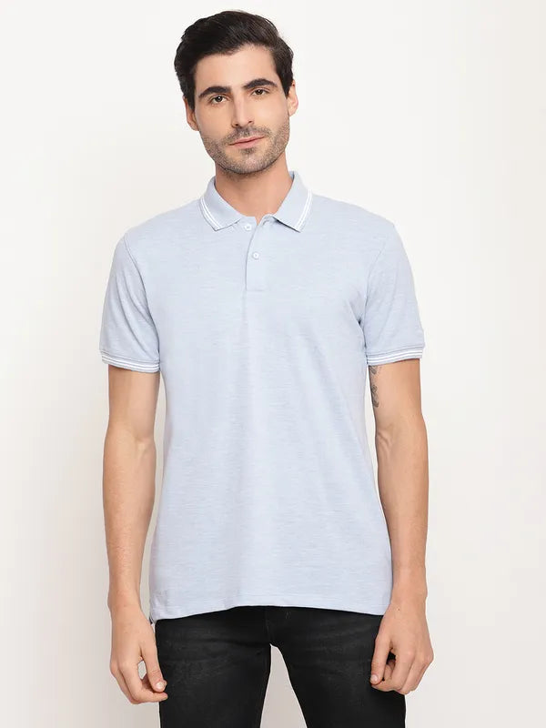 Octave Men Blue Solid Polo Collar Cotton Regular Fit T-Shirt