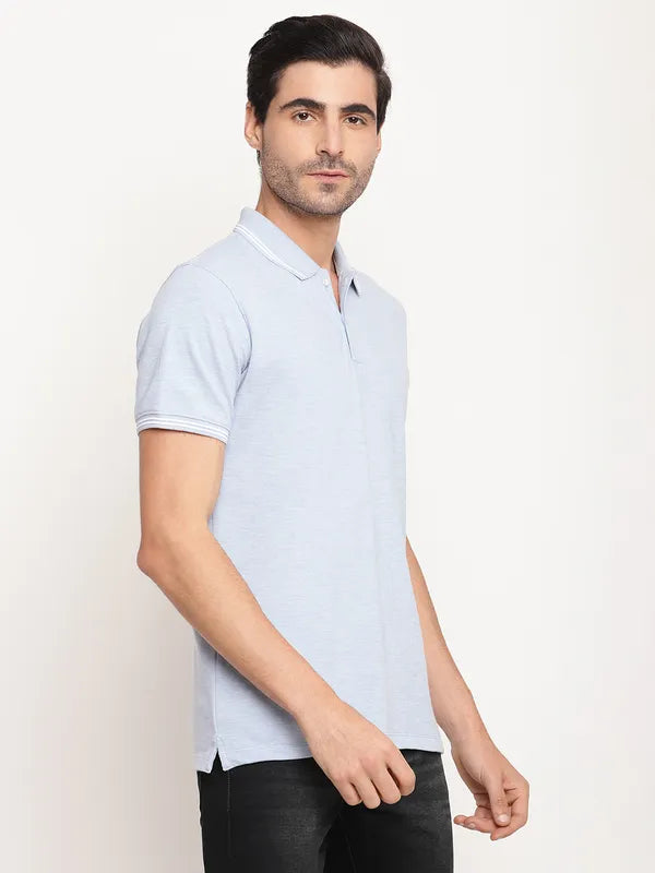 Octave Men Blue Solid Polo Collar Cotton Regular Fit T-Shirt