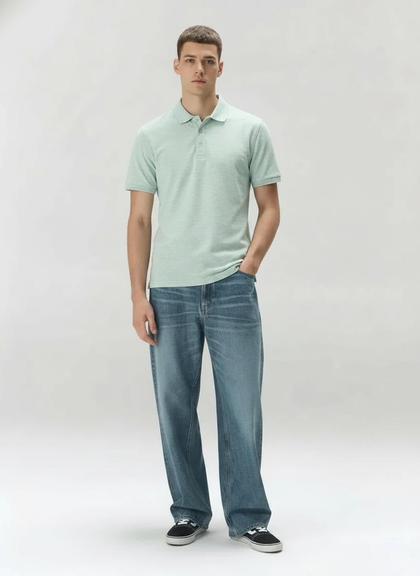 Men Aqua Melange Polo Collar T-shirt