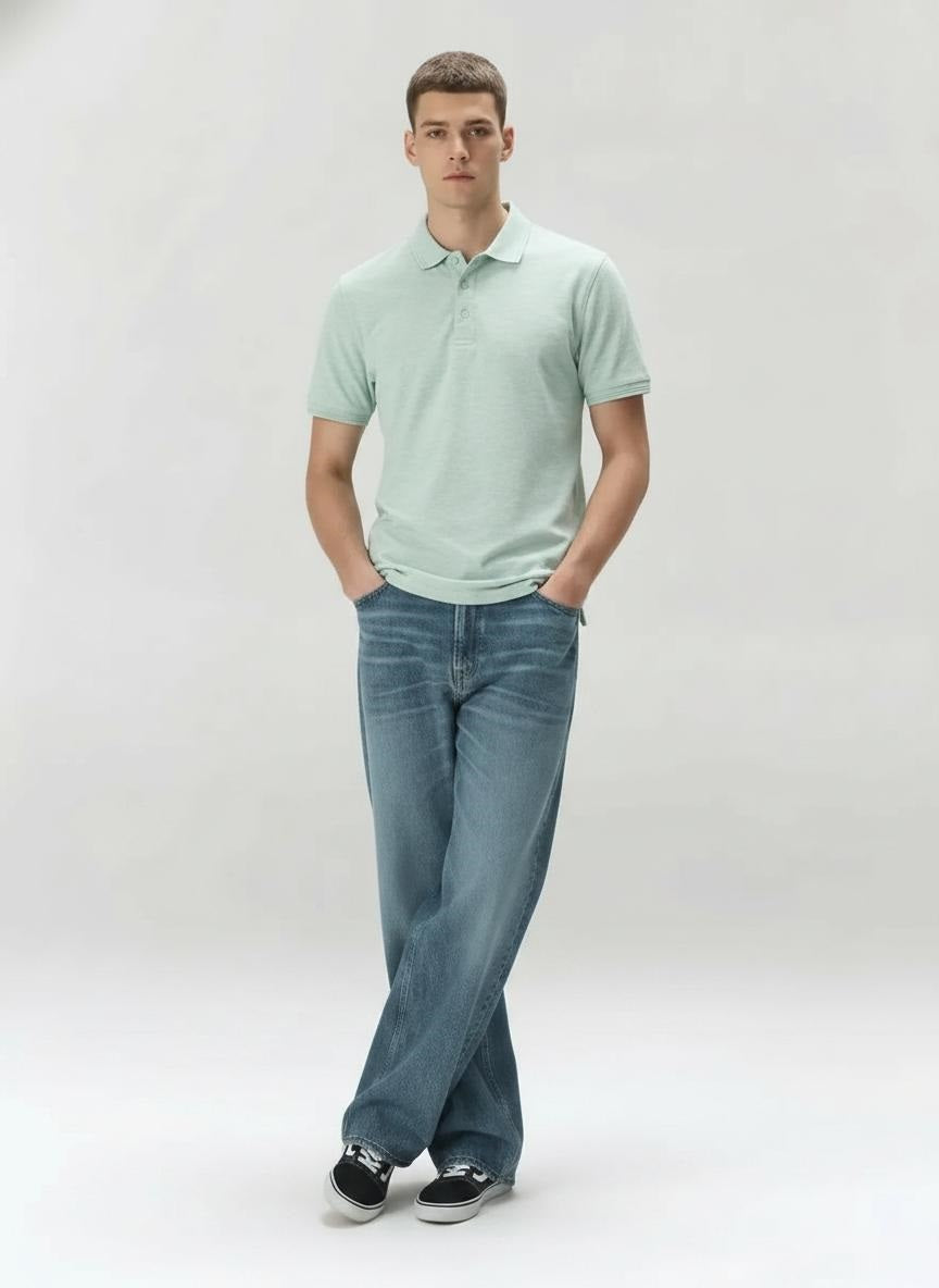 Men Aqua Melange Polo Collar T-shirt