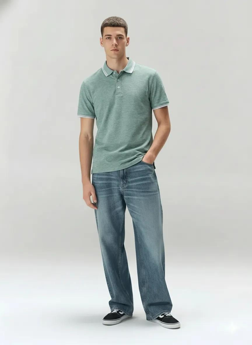 Men Green Melange Polo Collar SolidT-shirt