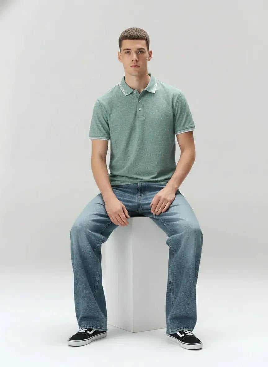 Men Green Melange Polo Collar SolidT-shirt
