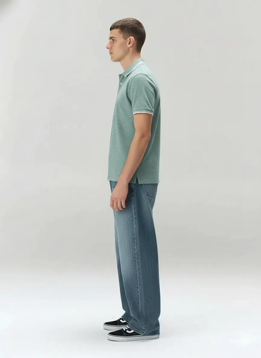 Men Green Melange Polo Collar SolidT-shirt