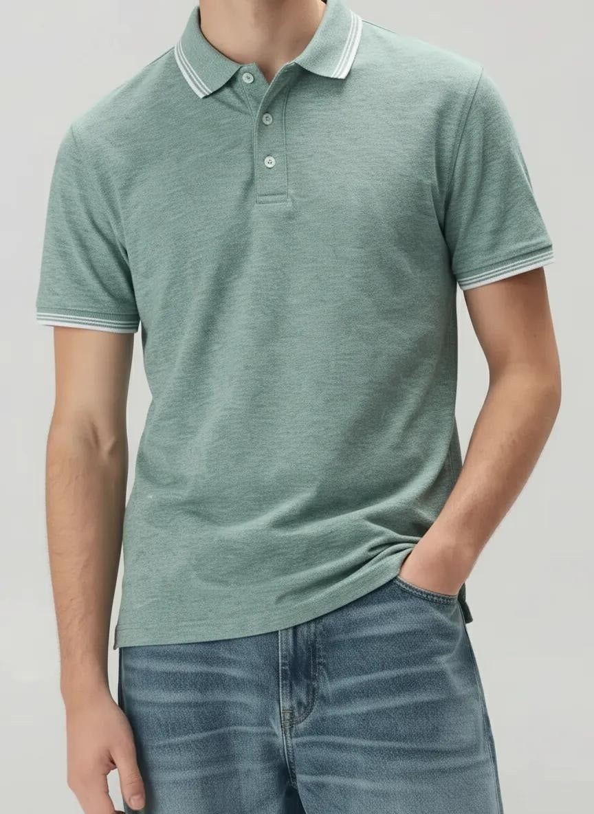 Men Green Melange Polo Collar SolidT-shirt