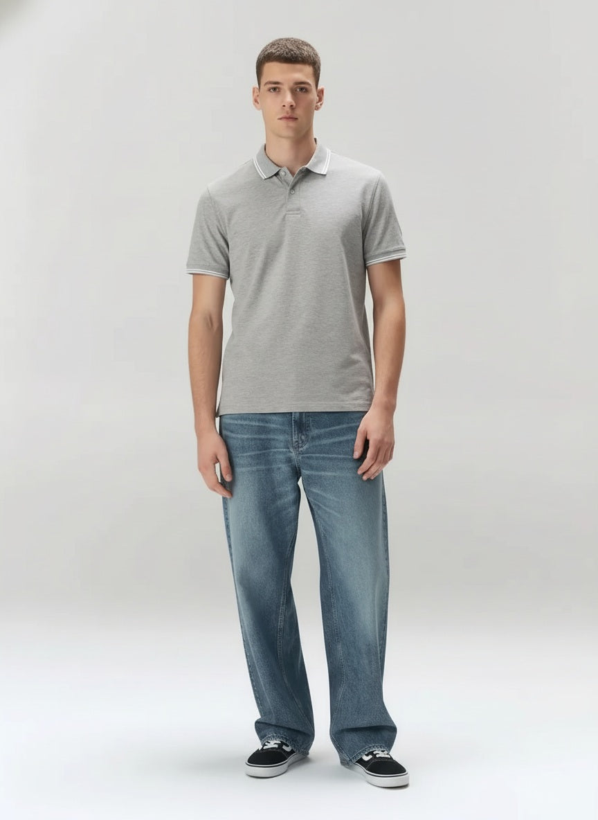 Men Grey Melange Polo Collar SolidT-shirt