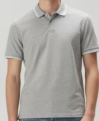 Men Grey Melange Polo Collar SolidT-shirt