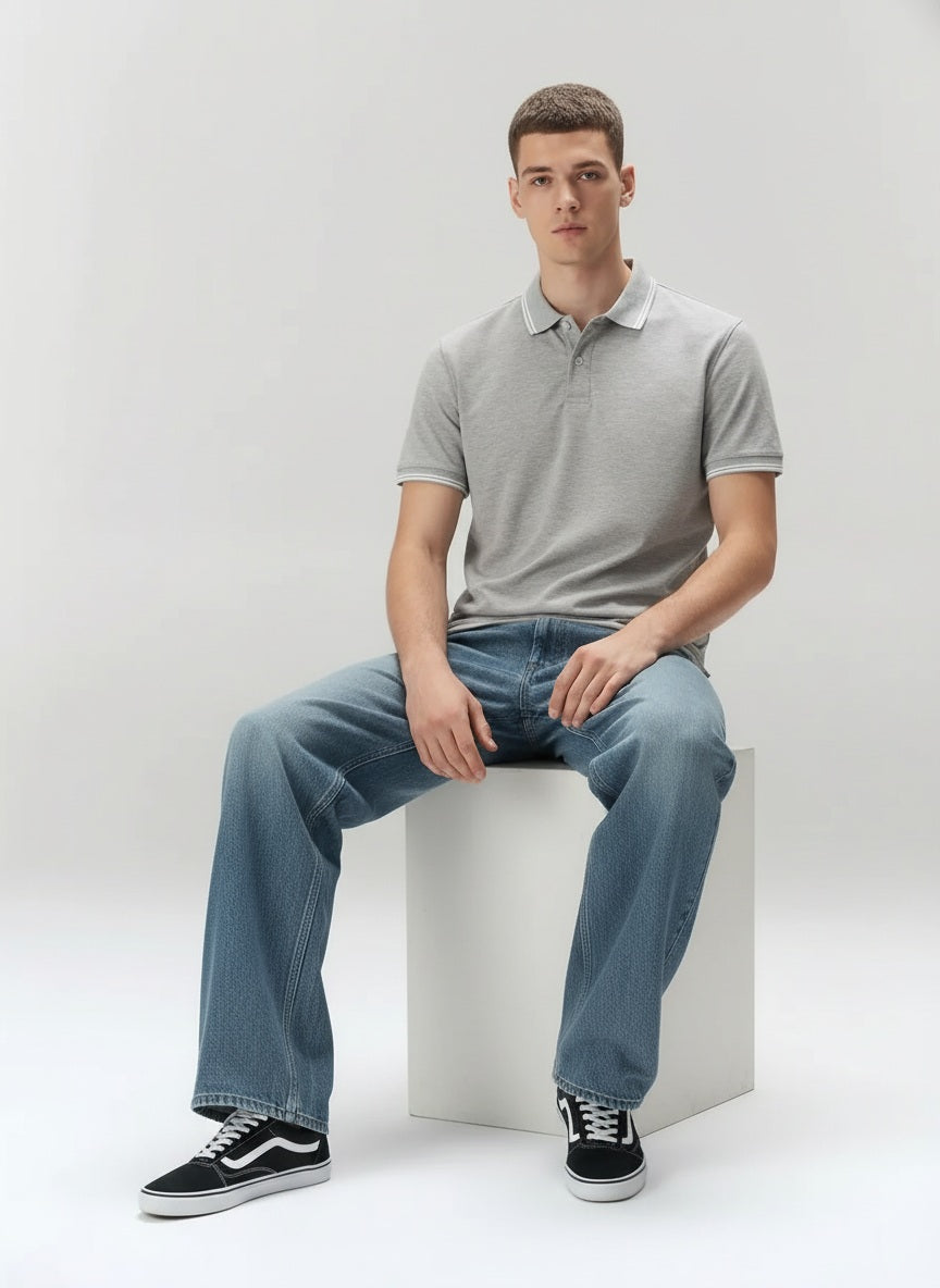 Men Grey Melange Polo Collar SolidT-shirt