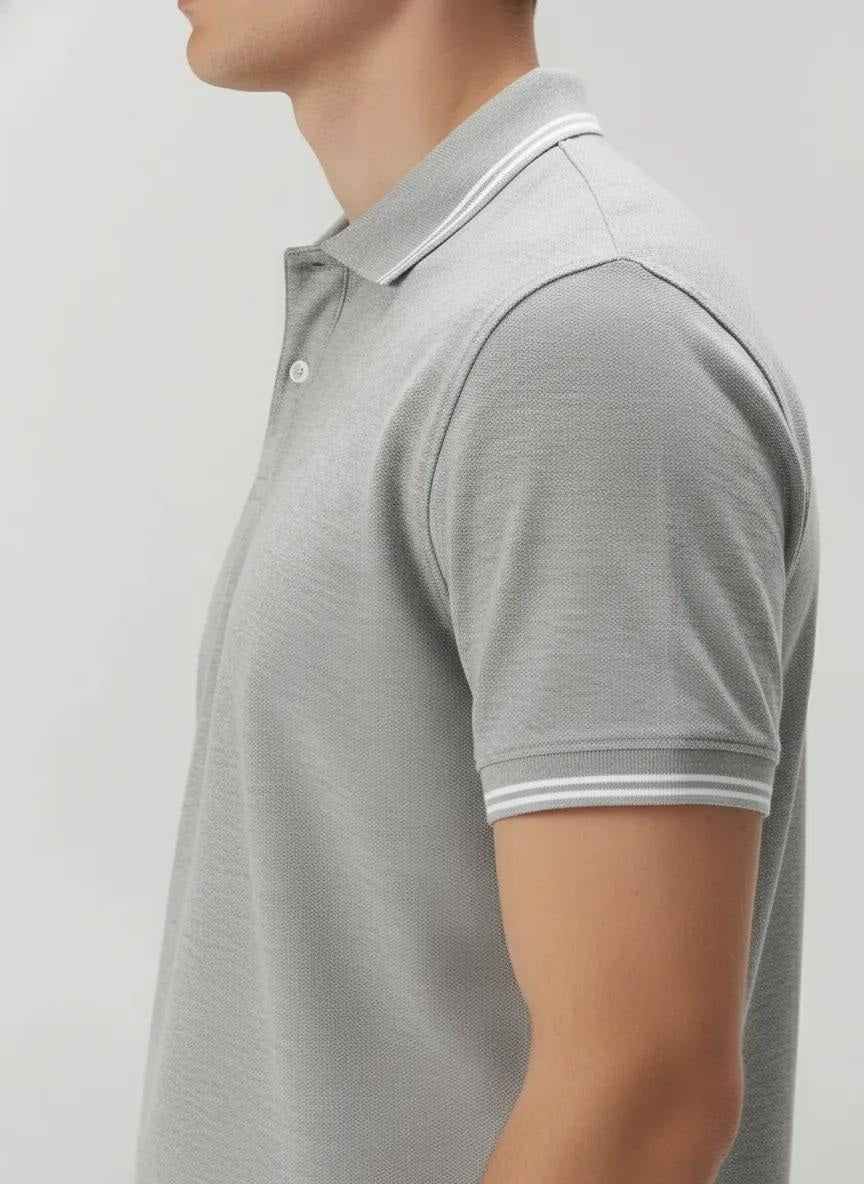Men Grey Melange Polo Collar SolidT-shirt
