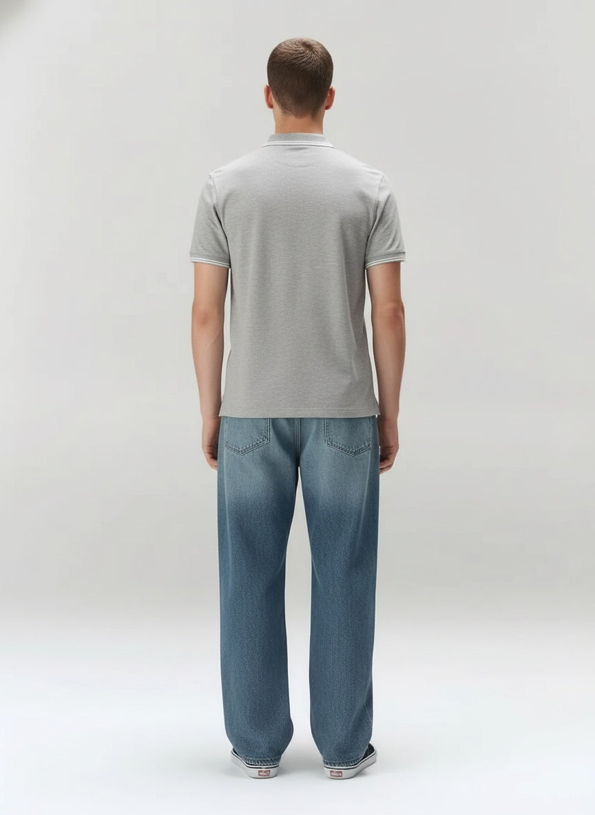 Men Grey Melange Polo Collar SolidT-shirt
